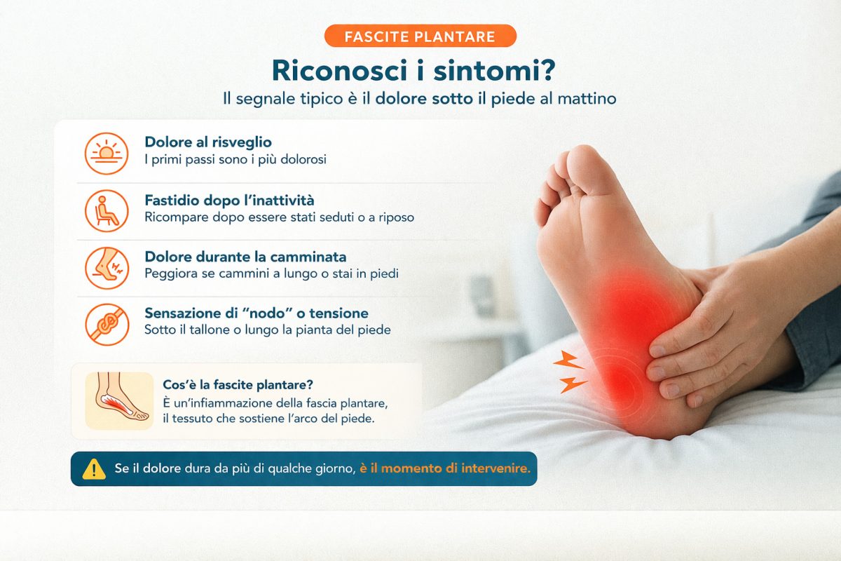 Sintomi della fascite plantare: dolore sotto il piede al risveglio, fastidio dopo inattività, dolore durante la camminata e tensione nella pianta del piede evidenziata nella zona del tallone