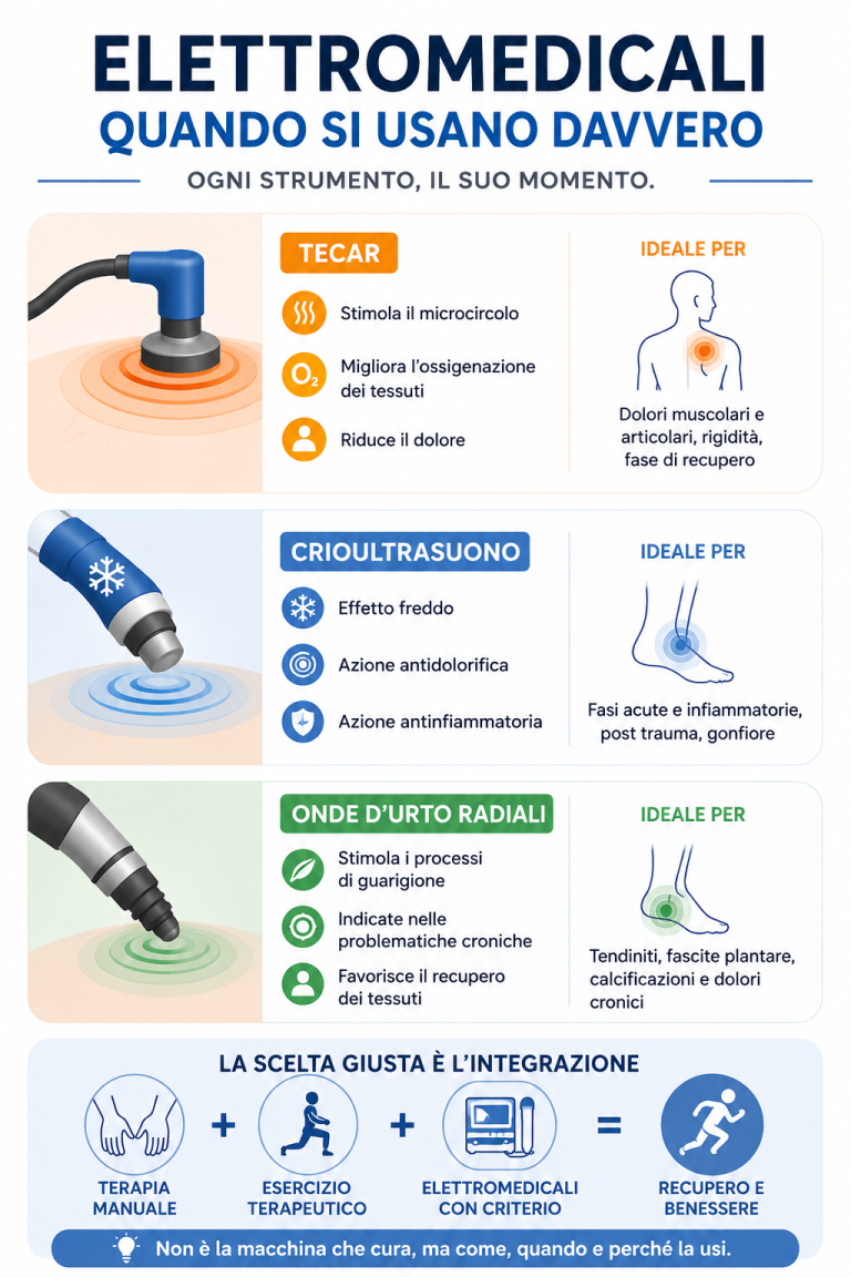 Infografica che spiega quando utilizzare tecar, crioultrasuono e onde d’urto in fisioterapia