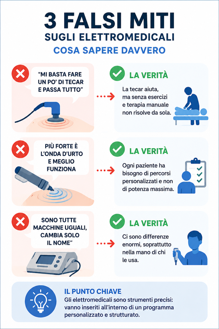 Infografica sui falsi miti degli elettromedicali in fisioterapia con focus su tecar, onde d’urto e percorsi personalizzati