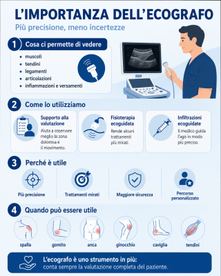 Infografica sull’utilizzo dell’ecografo in Fisiomed per valutazione, fisioterapia ecoguidata e infiltrazioni ecoguidate a Sanremo.