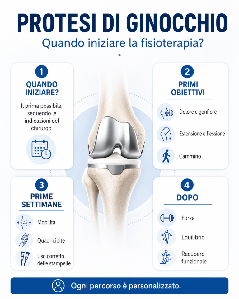 Fisioterapia dopo protesi di ginocchio a Sanremo: infografica su quando iniziare, recupero del cammino, mobilità, forza ed equilibrio.