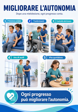 Infografica sulla riabilitazione dopo mielolesione con posizione seduta, trasferimenti, controllo del tronco, uso di ausili e attività quotidiane.
