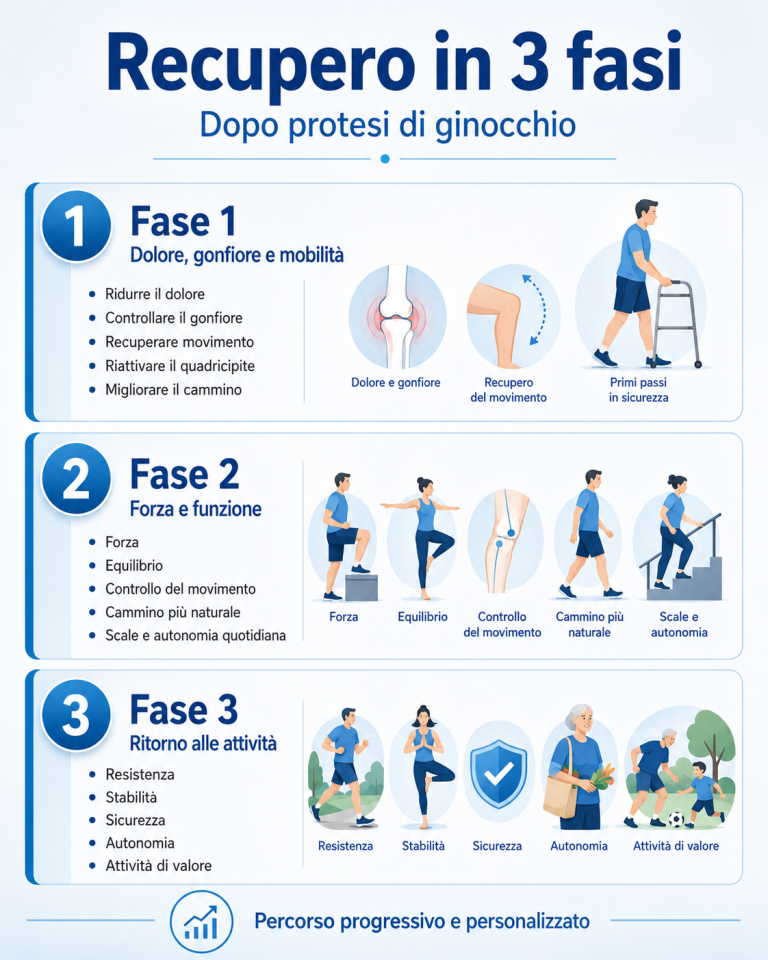 Percorso di recupero in 3 fasi dopo protesi di ginocchio a Sanremo: mobilità, forza, equilibrio e ritorno alle attività attraverso un programma fisioterapico personalizzato.