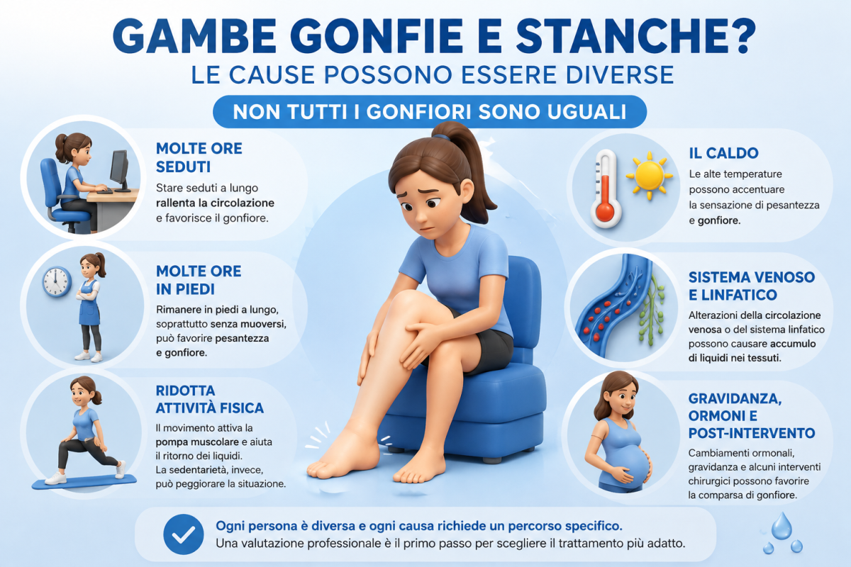 Infografica sulle possibili cause di gambe gonfie e pesanti: sedentarietà, molte ore in piedi, caldo, sistema venoso e linfatico, gravidanza e post-intervento.