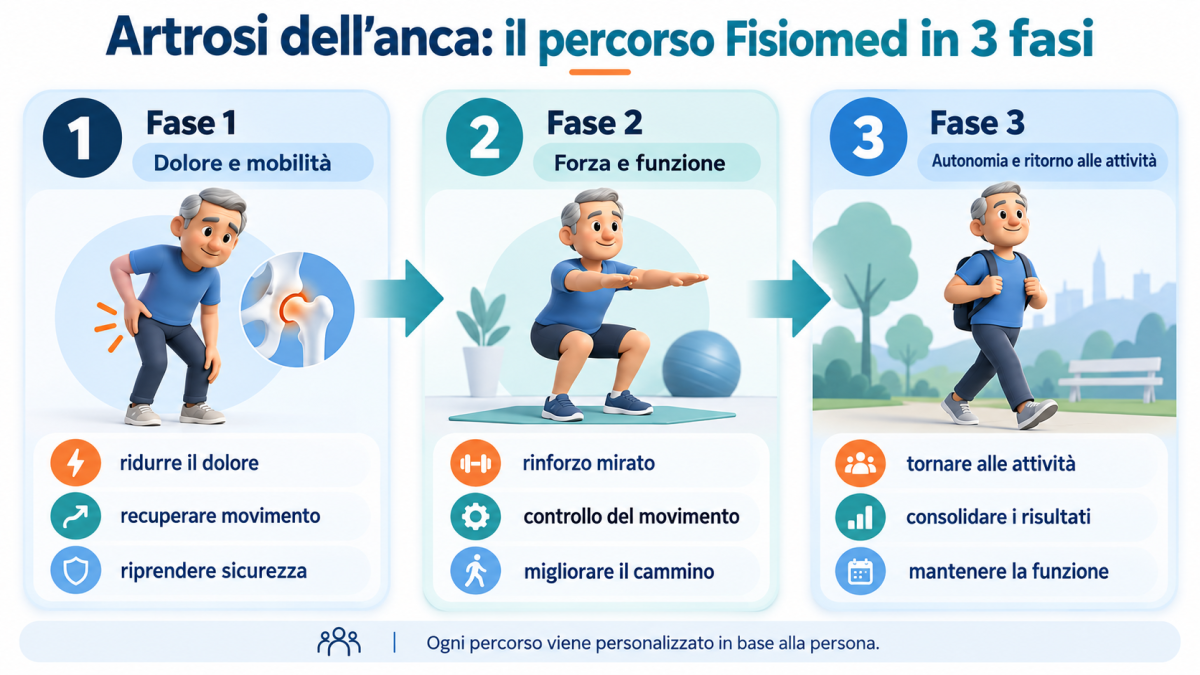 Infografica sul percorso Fisiomed in 3 fasi per l’artrosi dell’anca: dolore e mobilità, forza e funzione, autonomia e ritorno alle attività.
