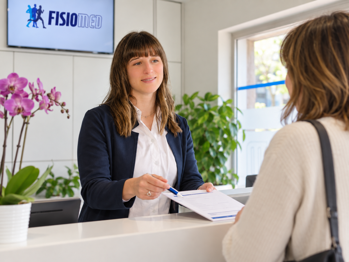 Camilla al front desk Fisiomed mentre aiuta una paziente con la pratica di assicurazione sanitaria per la fisioterapia a Sanremo